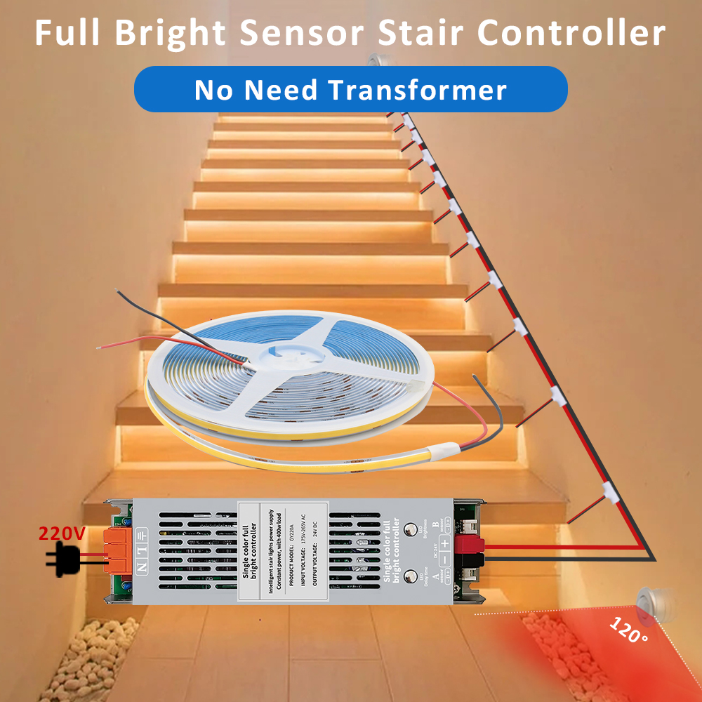 24V COB LED Strip Light High Bright Stair Backlight Work with 2in1 400W PIR Automatic Motion Sensor Stairs Lighting Controller