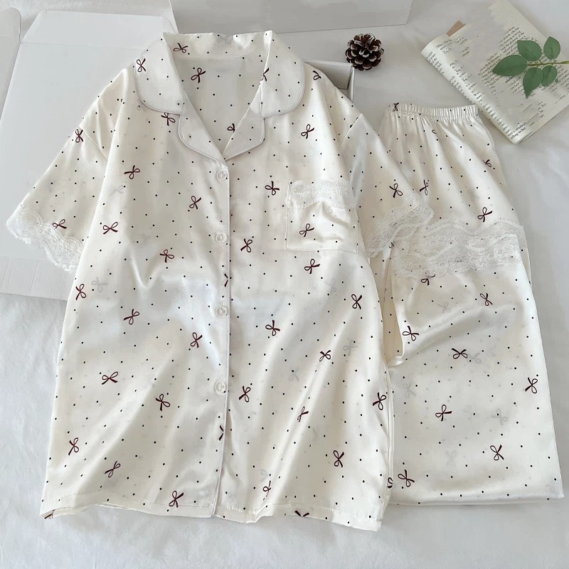 Summer New Dot Lace Bow Women's Pajamas Loungewear Set Fashion Casual Pajamas Lapel Neck Korean Style Two-Piece Set Loungewear
