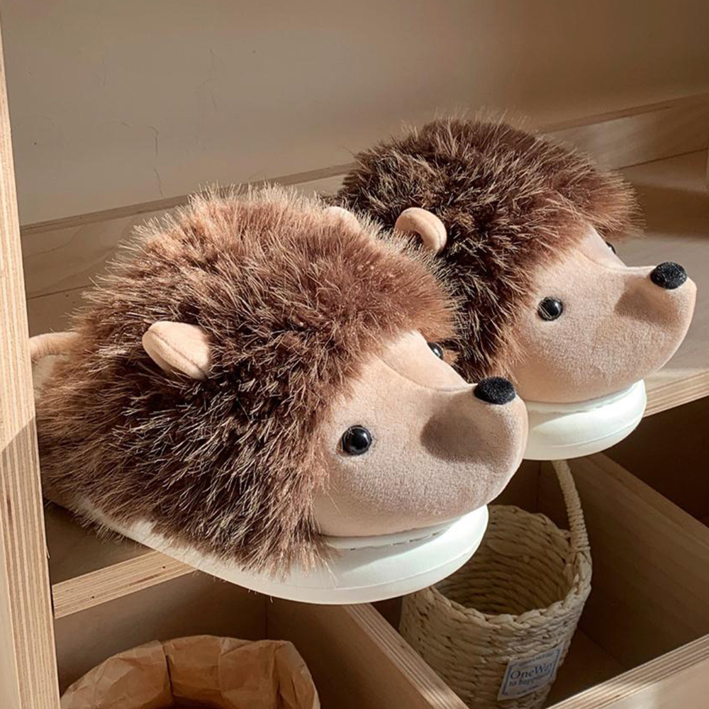 Cute Creative Fun Hedgehog Design Women Winter New Slippers Casual Soft Heel Platform Fur Warm Indoor Comfortable Home Slippers