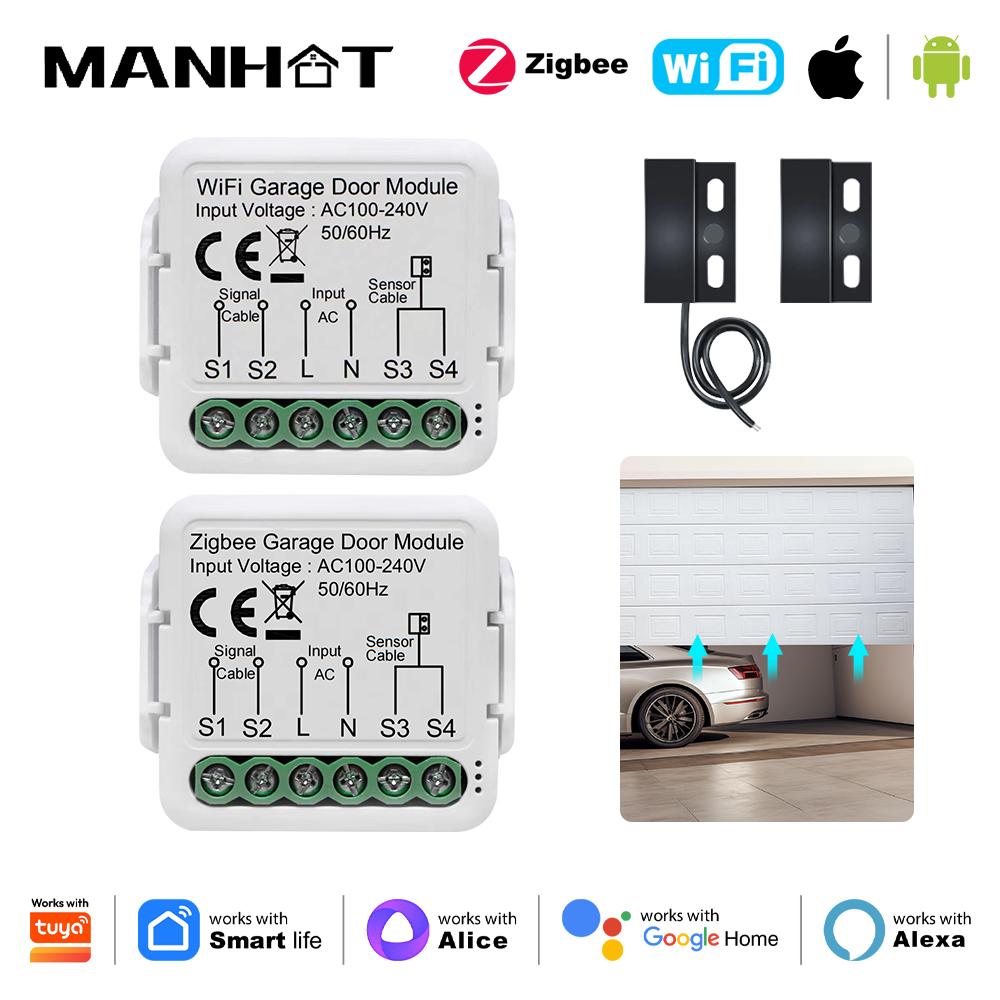 Manhot Zigbee/WiFi Switch Smart Garage Door Opener Controller Module Voice Remote Control Work With Tuya Alexa Home Alice