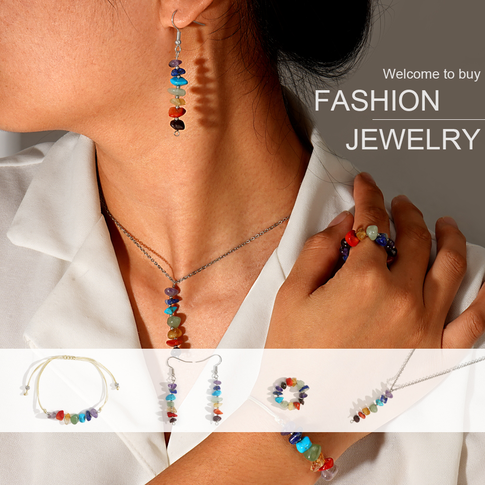 1pc/4pcs Vintage Bohemian Style Colorful Natural Stone Bracelet Necklace Earrings Suitable for Girls' Birthday