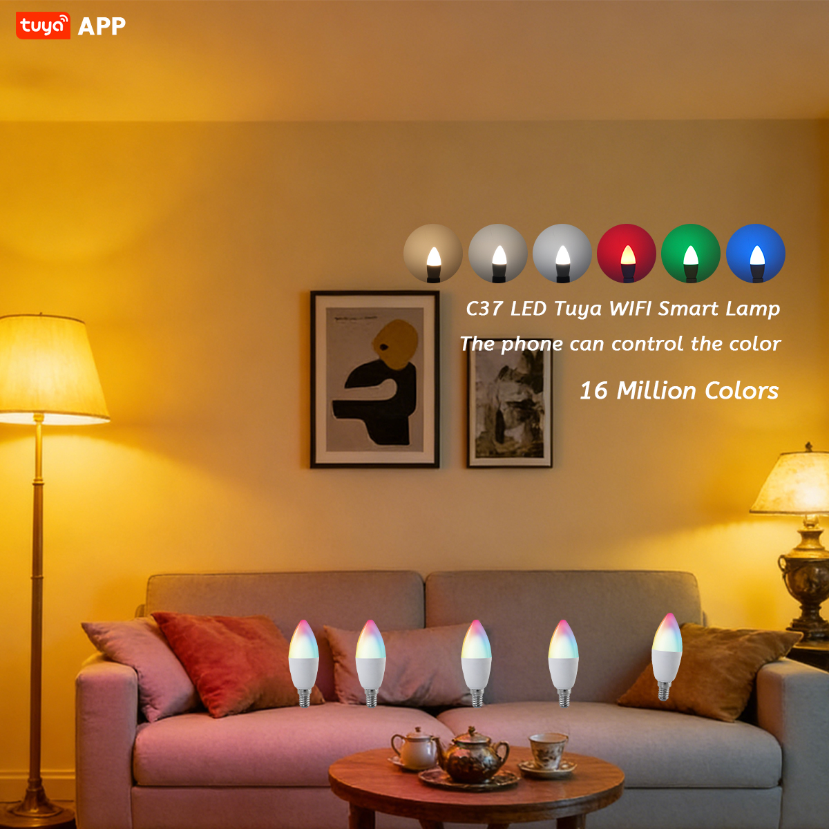 WIFI Bluetooth RGB Bulb Tuya Smart LED Candle Lamps AC85-265V 6W C37 E14 APP Control LED Light Life Home Group Crystal Lamps lightify