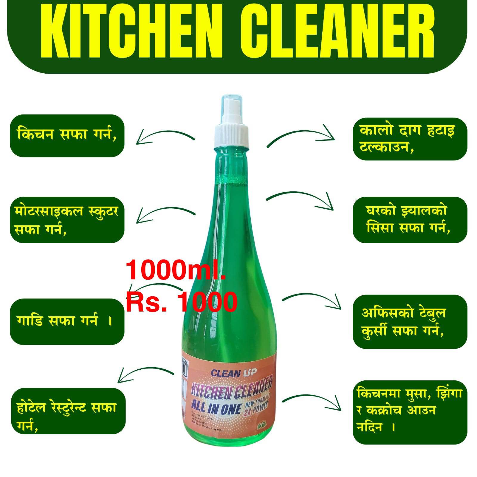 Clean Up Kitchen Cleaner All In One (1000ml) - 2X Power Multi-Purpose Household Spray
