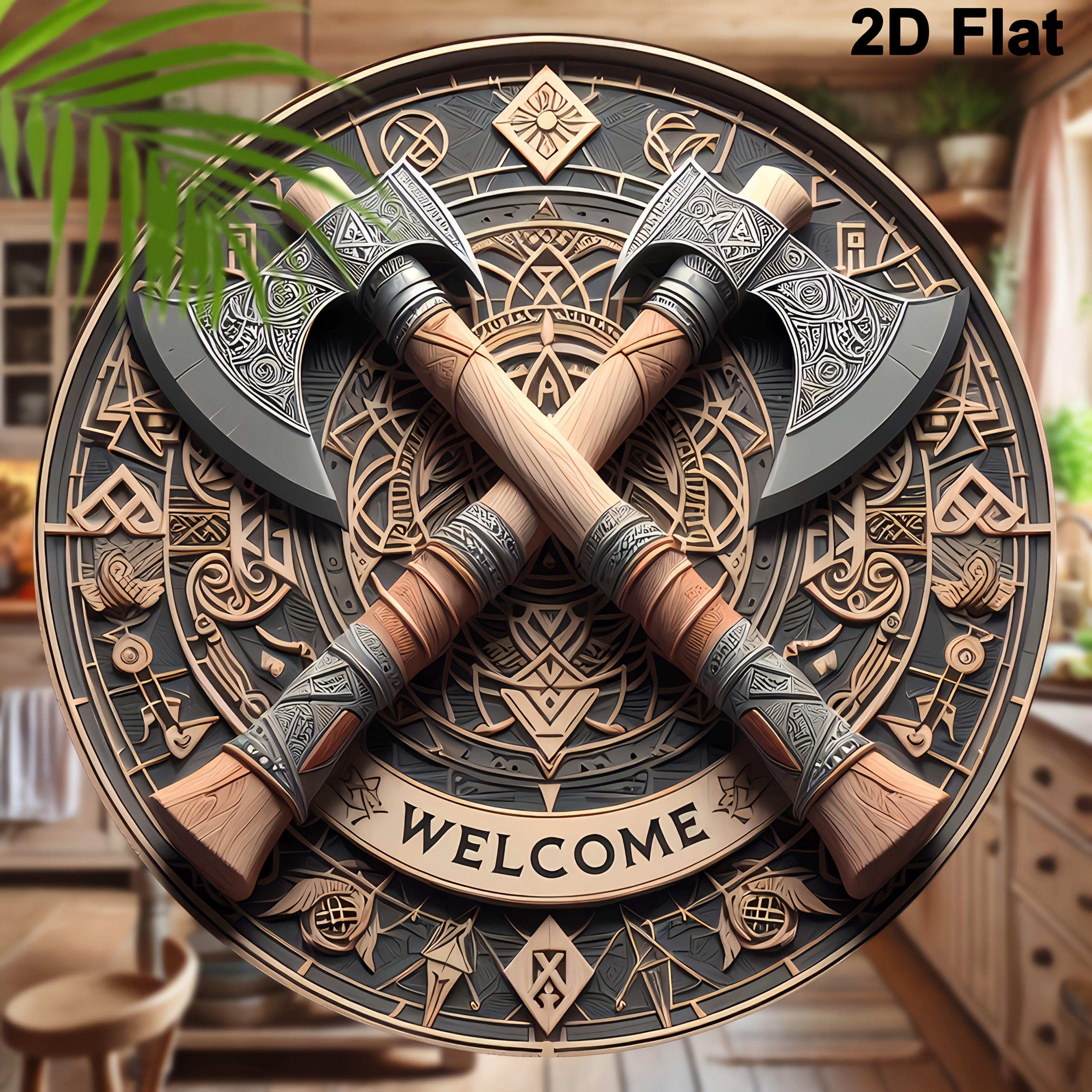Viking Ax Welcome - 8inch X 8inch Round Wooden Wall Decoration for Home, Porch, Living Room and Office - Perfect Gift for Men