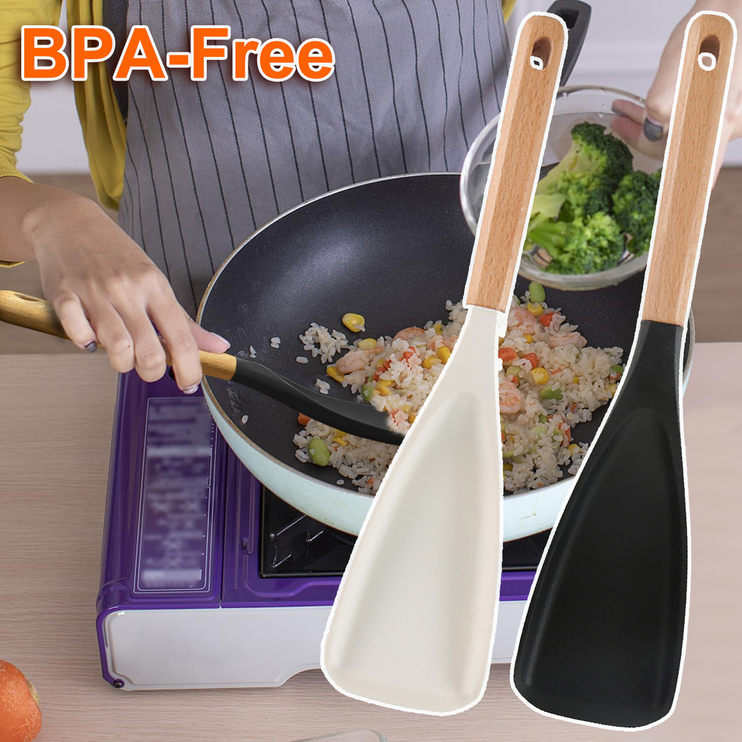 Silicone Cooking Spoon for Nonstick Cookwares,Durable BPA-Free,Rice Scooper,Wood Handle Spoon for Mixing Salad,Scoop,Scrape