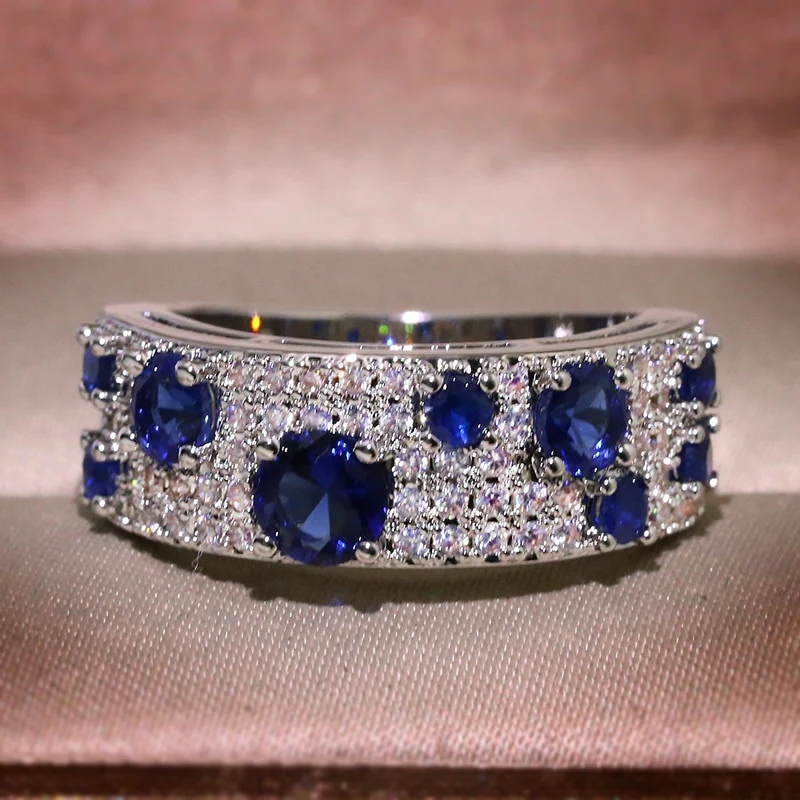 Huitan Silver Color Blue/White CZ Women Rings Newly Designed Luxury Fashion Bridal Wedding Bands Accessories Sparkling Jewelry