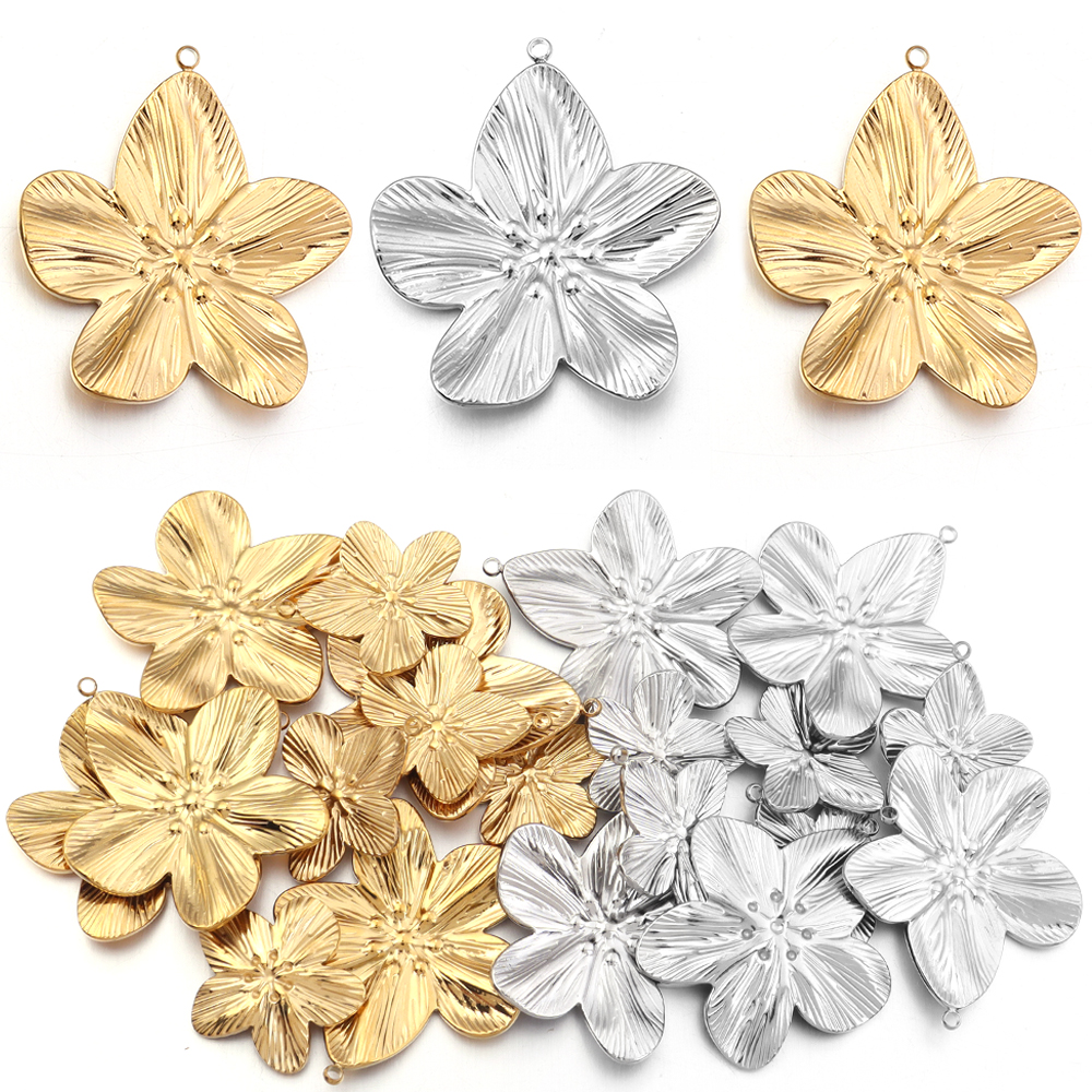 2pcs/lot Stainless Steel Flower Pendant Gold Color Floral Charms Pendants For DIY Jewelry Making Earrings Bracelet Accessories