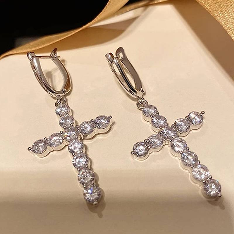 Huitan Luxury Cross Design Women Drop Earrings Inlaid Shining CZ Trendy Party Daily Versatile Lady Accessories Chic Jewelry