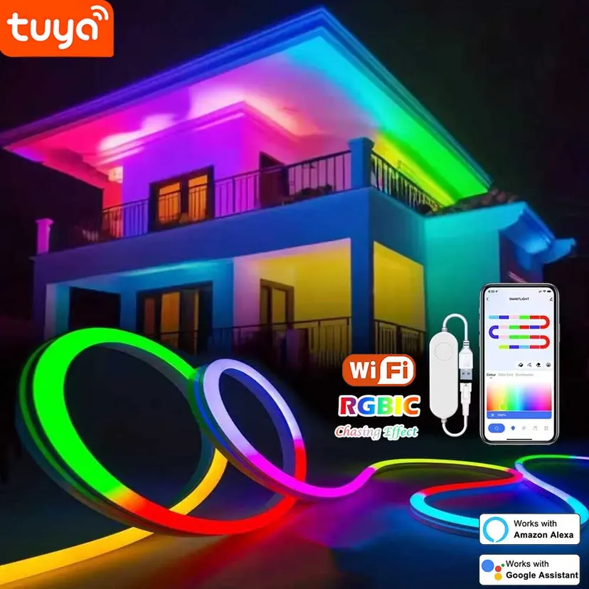 Tuya COB LED Strip Light WIFI RGBIC Smart Tape Addressable Flexible RGBIC LED Light 5V APP Control Support Alexa Home