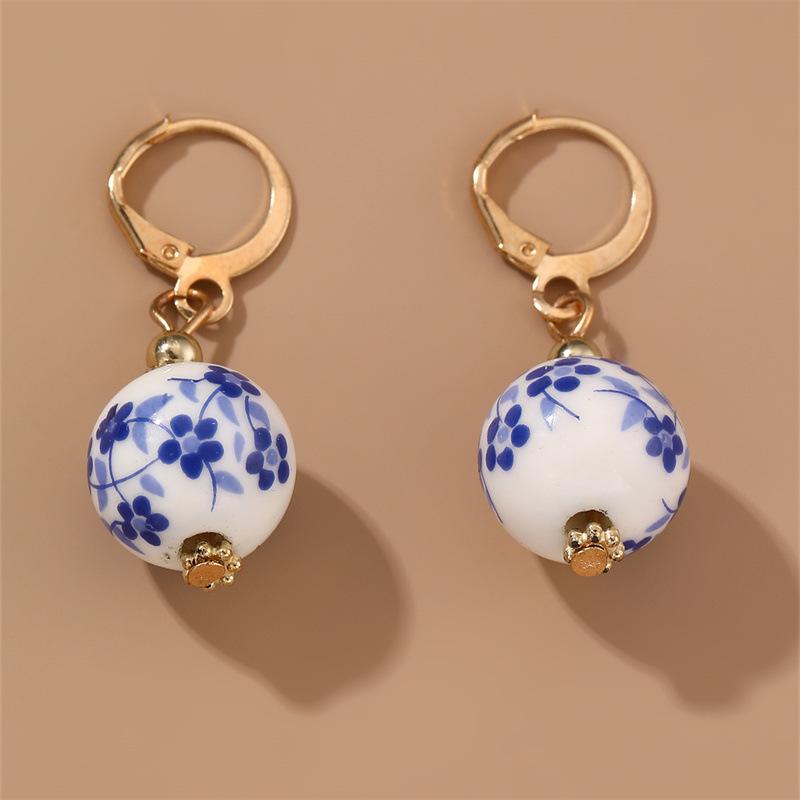 New Blue And White Porcelain Teapot Pendant Earring Vintage Heart Ball Dangle Earrings Stainless Steel Jewelry
