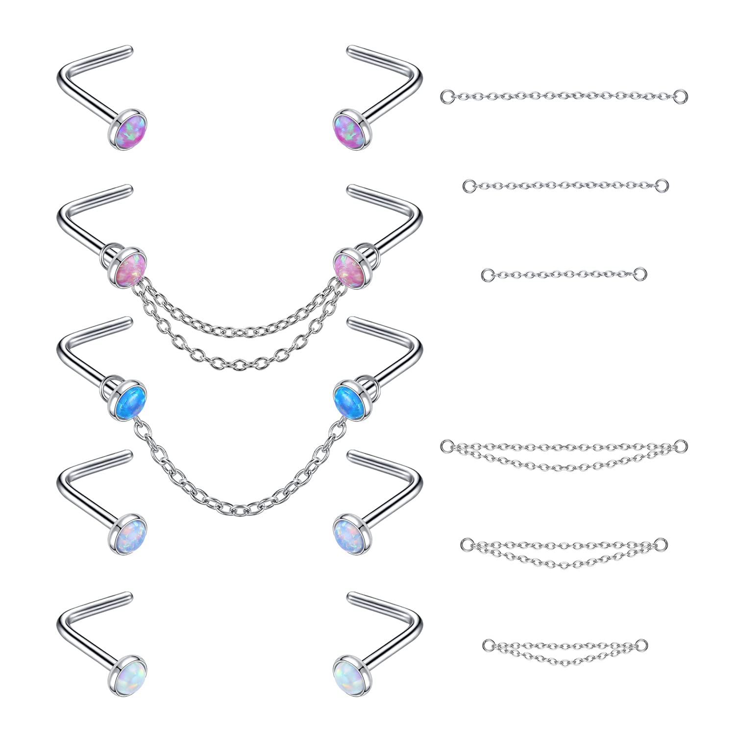 1/2Pcs 20G Opal Nose Rings Surgical Stainless Steel for Women Nose Rings Studs with Chains Hypoallergenic Nose Piercing Jewelry