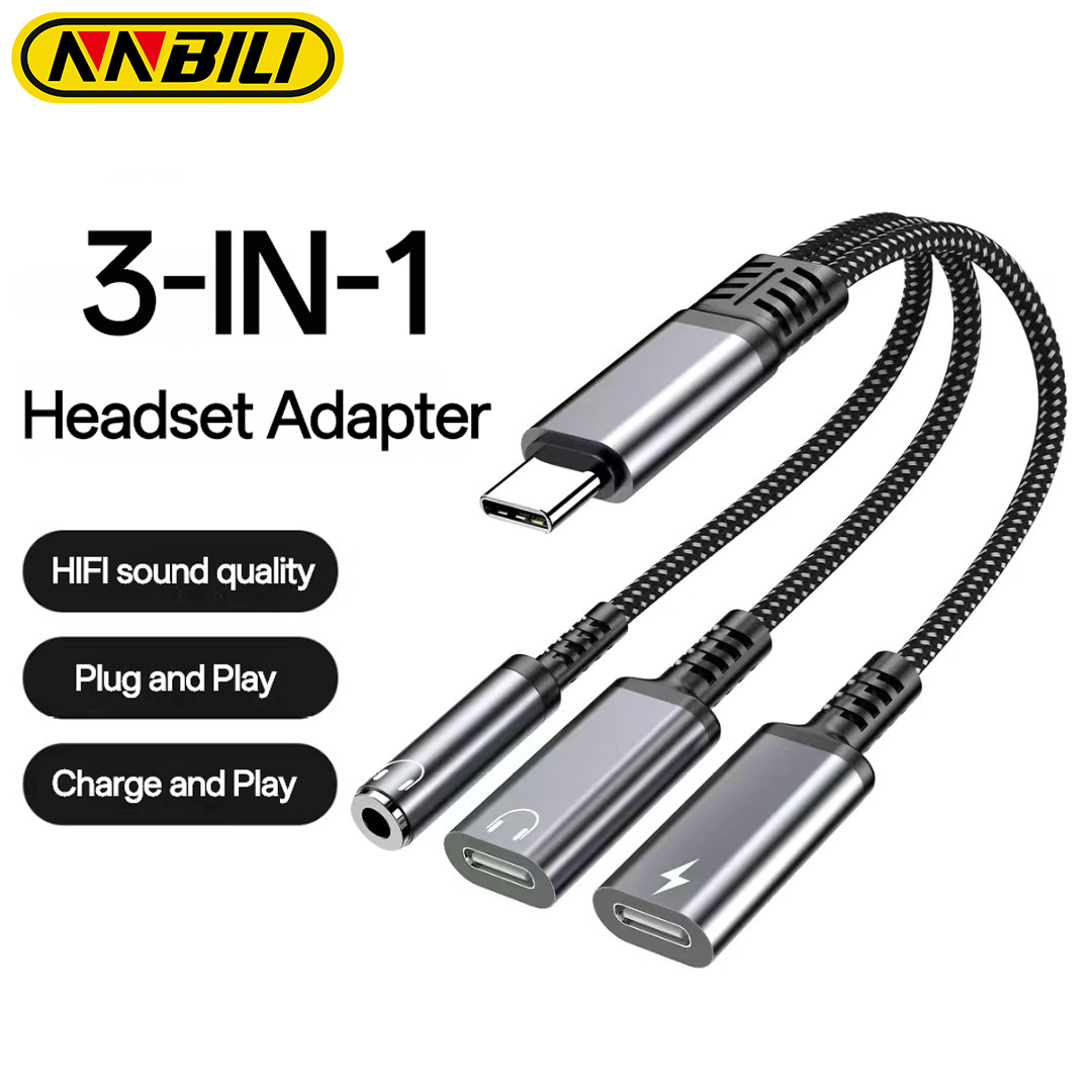NNBILI 3 in 1 PD 60W Fast Charge Adapter For Iphone16 15 Type C to Dual Type C/3.5mm Jack Audio Adapter Headphone Cable