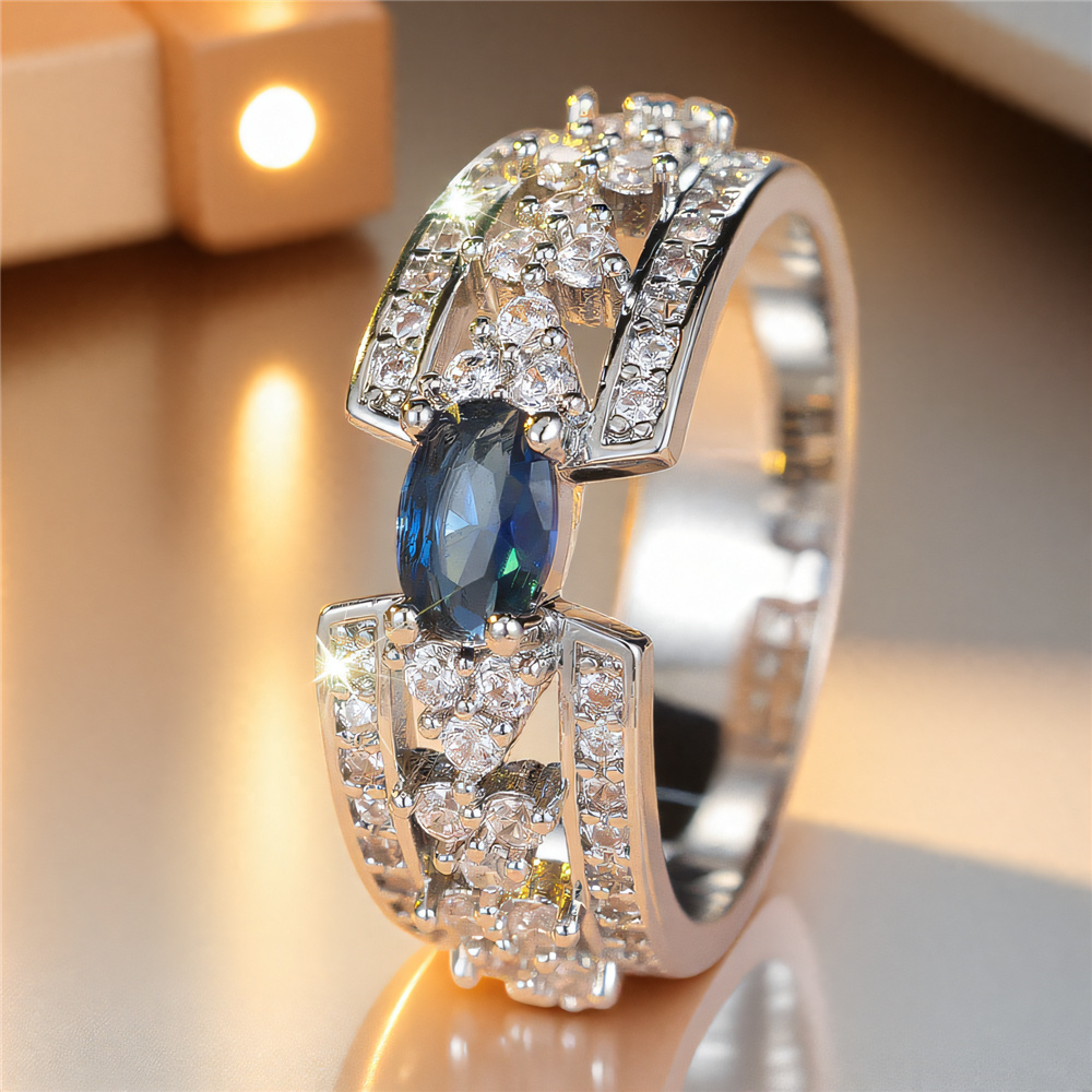 Female Cute Blue White Zircon Oval Stone Silver Color Wedding Jewelry Promise Engagement Rings For Women
