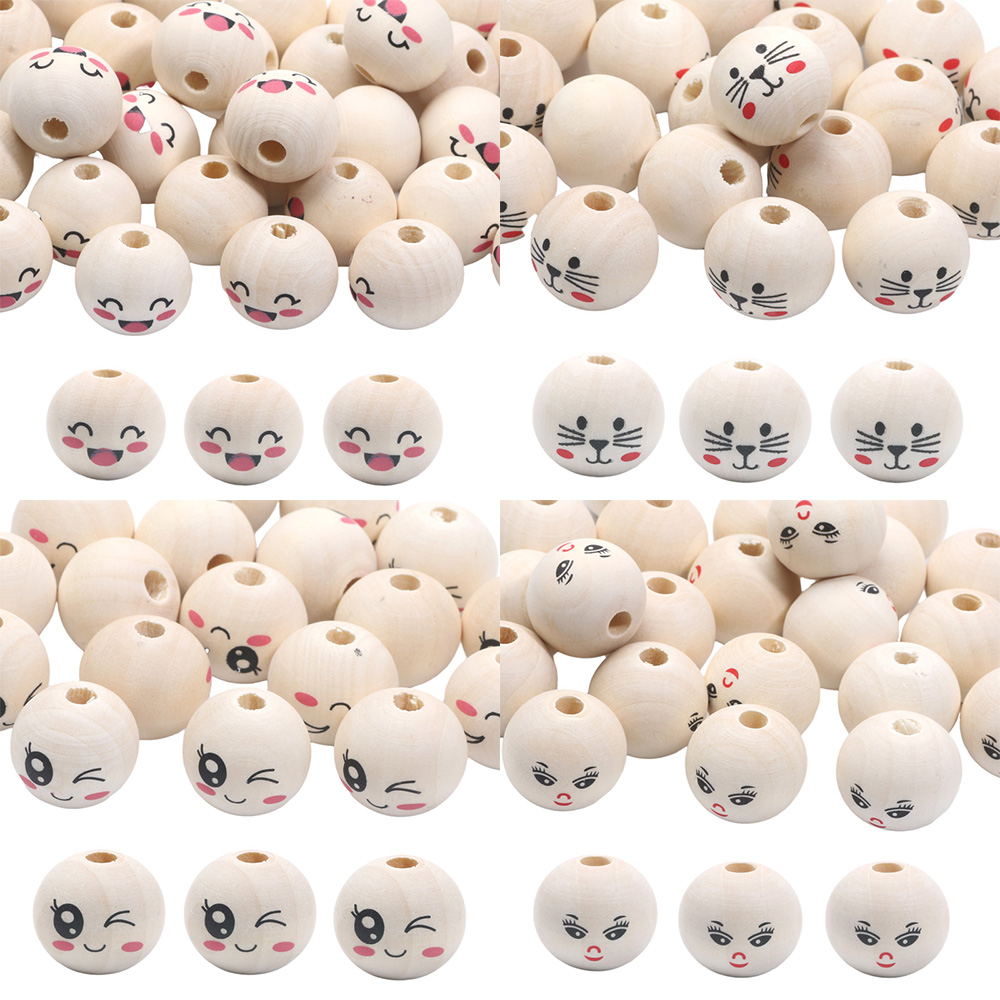 20mm 10pcs Round Natural Wood Beads 15Style Smiling Wooden Ball Loose Beads For Jewelry Making Handmade Craft Diy Supplies