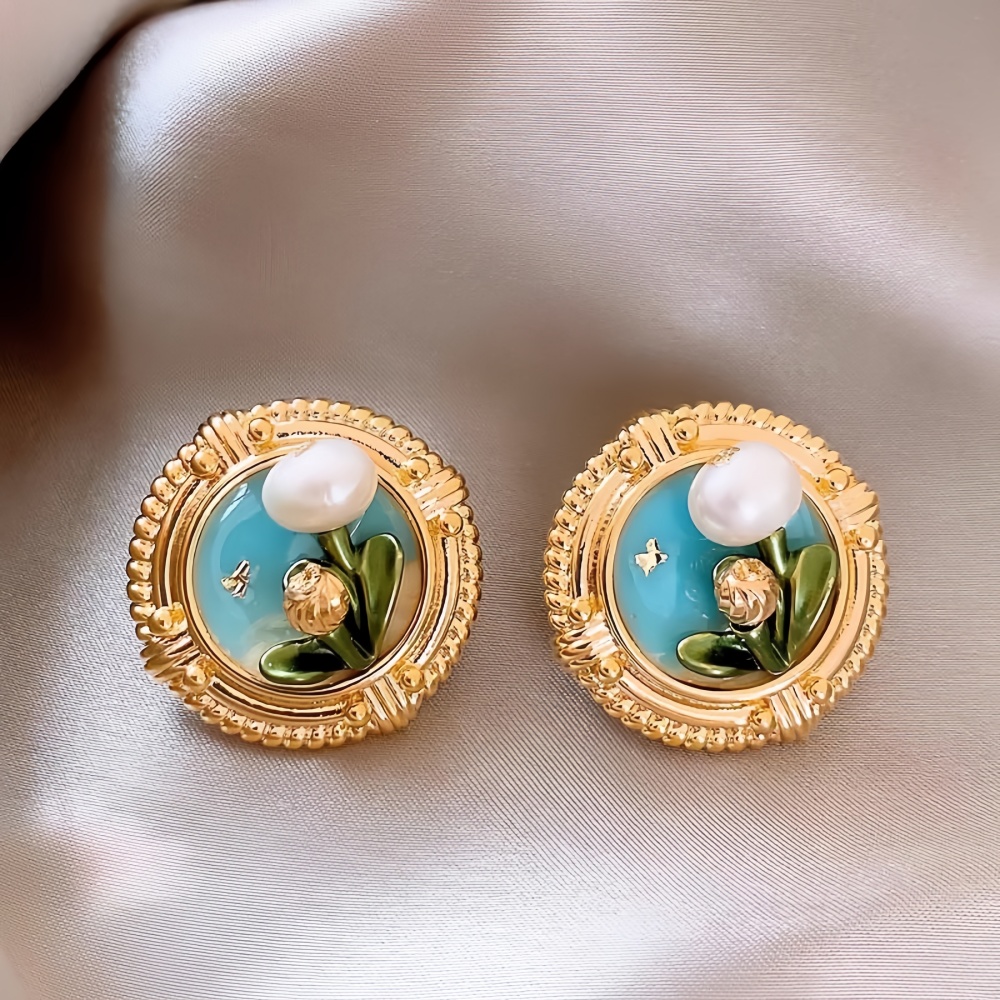 French Vintage Base Glaze Flower Round Stud Earrings Monet Garden Imitation Pearl Women Earrings Fashion Jewelry