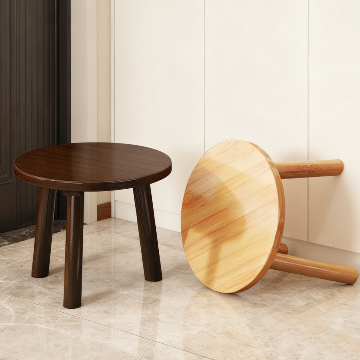 1pc Bamboo Round Stool For Living Room & Balcony, Sturdy Lightweight Multifunctional Stool.