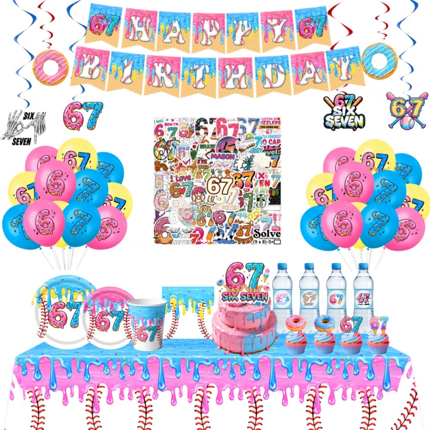 6 7 Birthday Decorations 67 Meme Themed Paper Plate Cup Napkins Banner Cake Topper Balloons for Kids Baby Shower Party Supplies