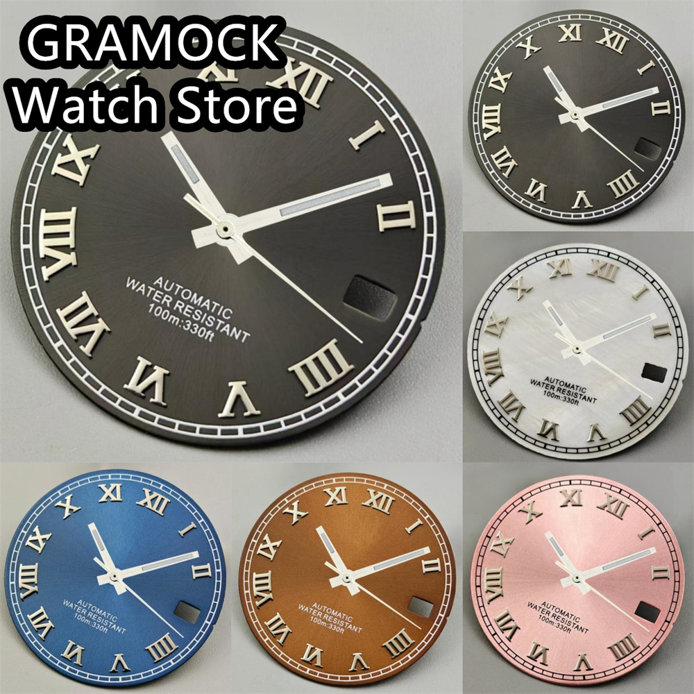 GRAMOCK 29mm Roman Dial Shell Dial Black Blue Brown Pink Sunburst Dial With Roman Index Luminous Fit NH35 Movement