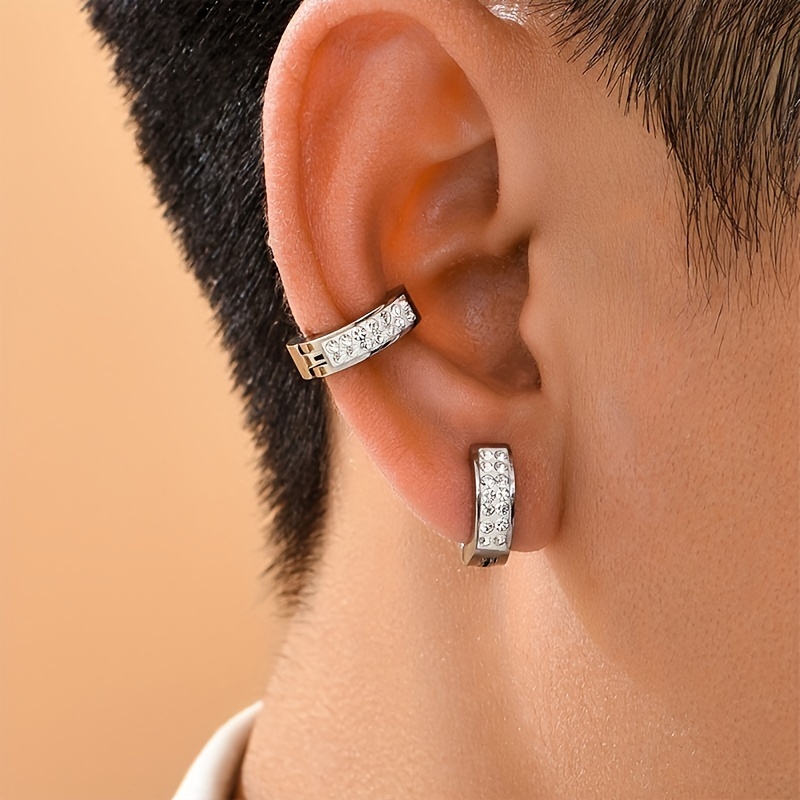 1 Pair of Minimalist Stainless Steel Cubic Zirconia Ear Clips Non-Piercing Hoop Earrings for Men Women Punk Hip Hop Ear Jewelry