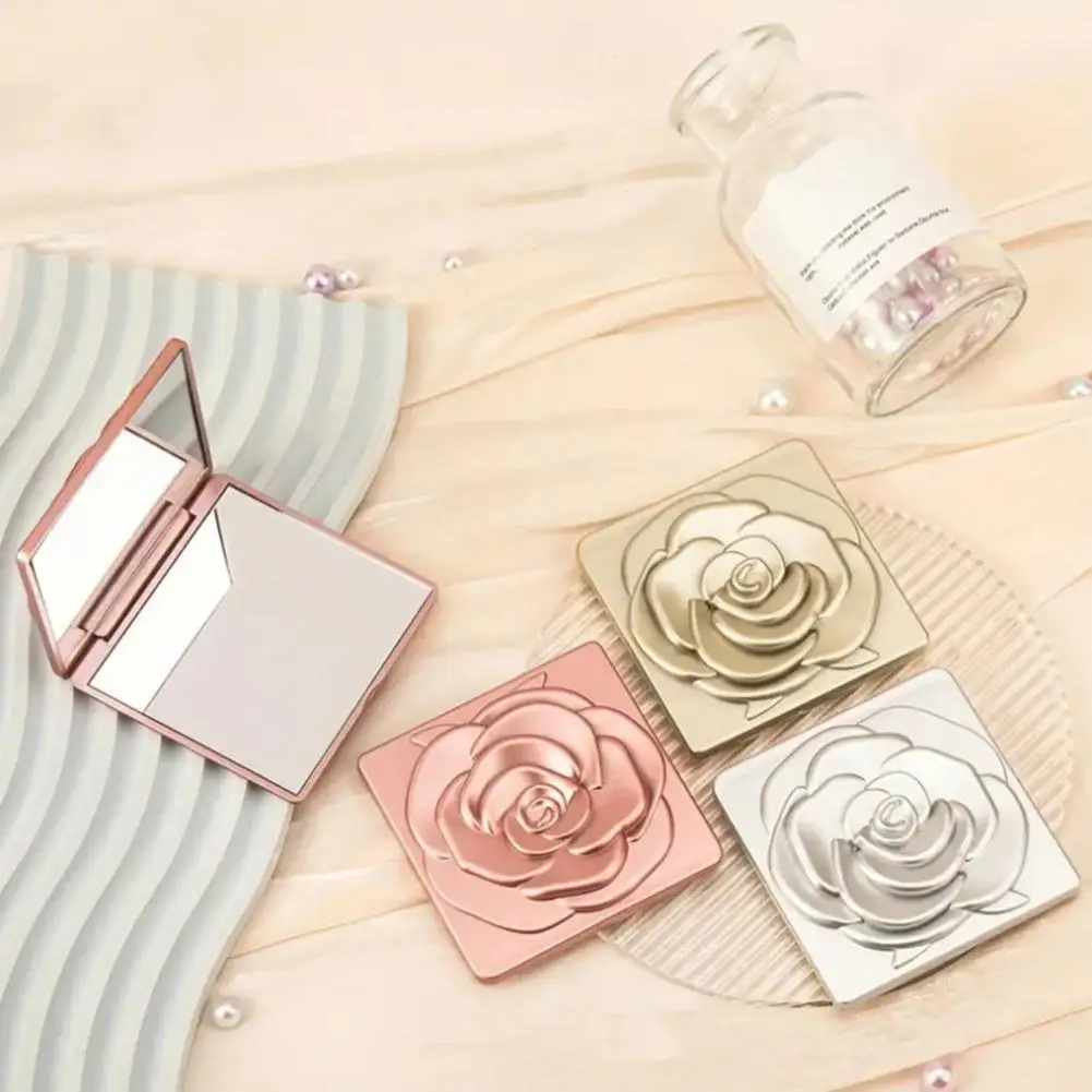 Portable Foldable Makeup Mirror Vintage Rose Double-sided Vanity Mirror High Clarity Men Women Handheld Square Cosmetic Mirror