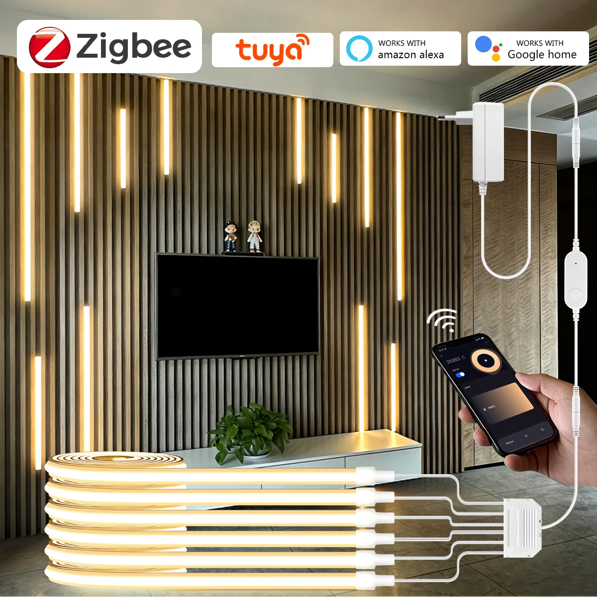 Dimmable Zigbee COB Neon LED Strip Kit 1-6PCS Silicone Tube Light Support Alexa Home Timer Setting for Home Decoration