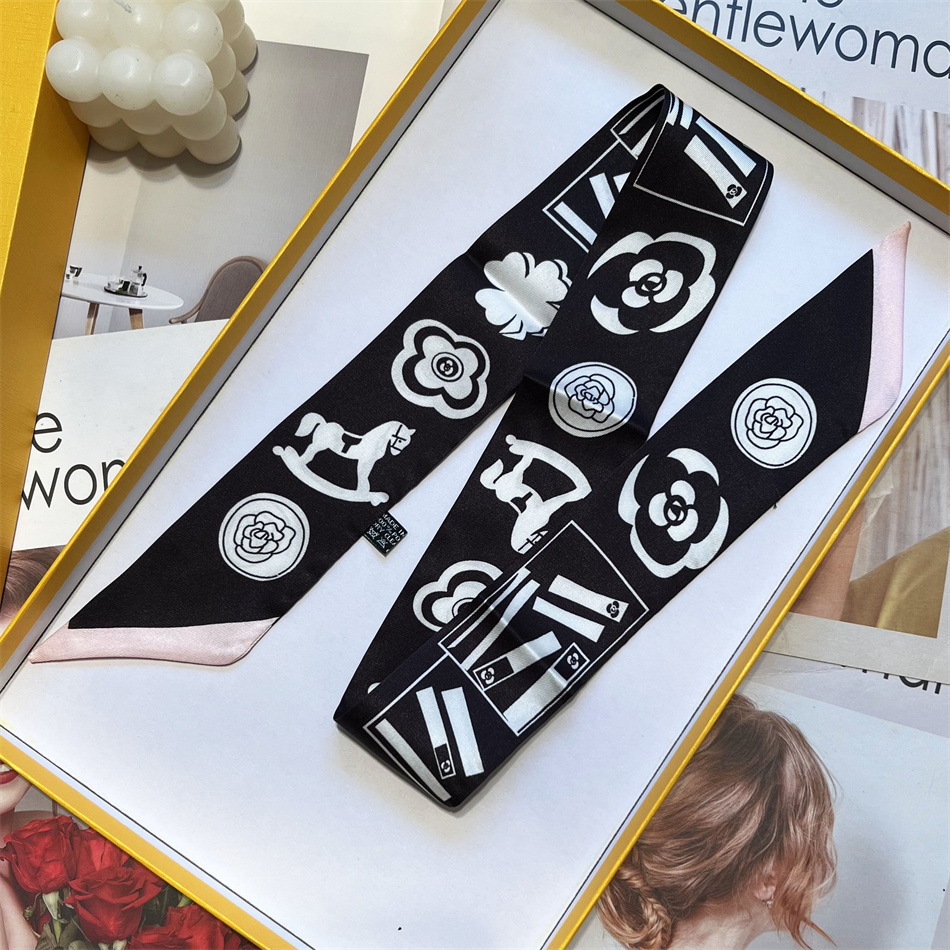 Fashion Black and White Rose Flowers Women's Twill Simulation Silk Binding Bag Handle Silk Ribbon Hair Ribbon Sibbon Small Scarf