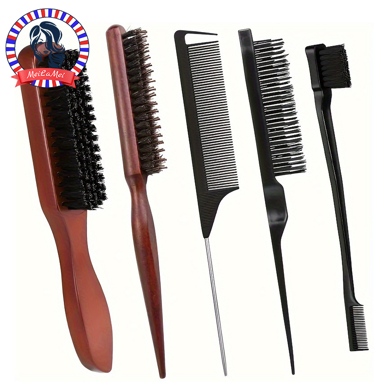 5PCS Boar Bristle Hair Brush Set with Edge Control - Slick Back, Teasing & Smoothing Combs for Men and Women