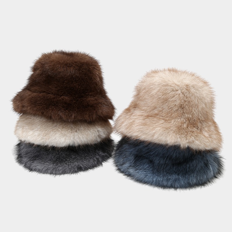 Women's Trendy Two-Tone Long Haired Basin Hat Warm Fluffy Fisherman Style Knit Cap for Outdoor Autumn Winter