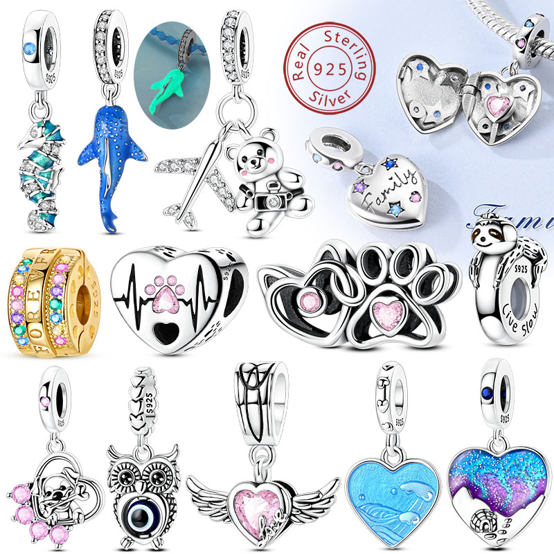 Original 925 Sterling Silver Charms Beads Love Family Wings Whale Shark Charm Fit Bracelet Pendant Women DIY Fine Jewelry Gifts