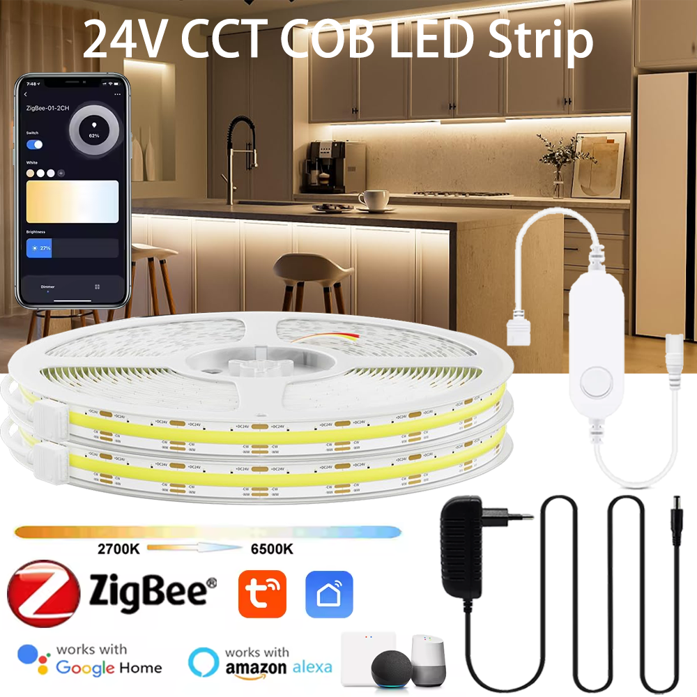Tuya Zigbee COB CCT LED Strip Light 24V 2m 3m 5m Flexible Dimmable Cupboard Wardrobe Home Decor Lamp for Alexa Assistant