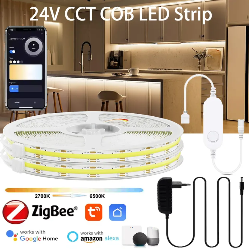 Tuya Zigbee COB CCT LED Strip Light 24V 2m 3m 5m Flexible Dimmable Cupboard Wardrobe Home Decor Lamp for Alexa Assistant