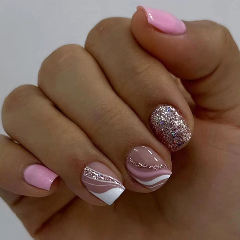 24pcs False Nails Press on Fashion Glitter Wave Design Short Ballet Nails Finished Simple Pink Fake Nail Datachable Manicure Tip