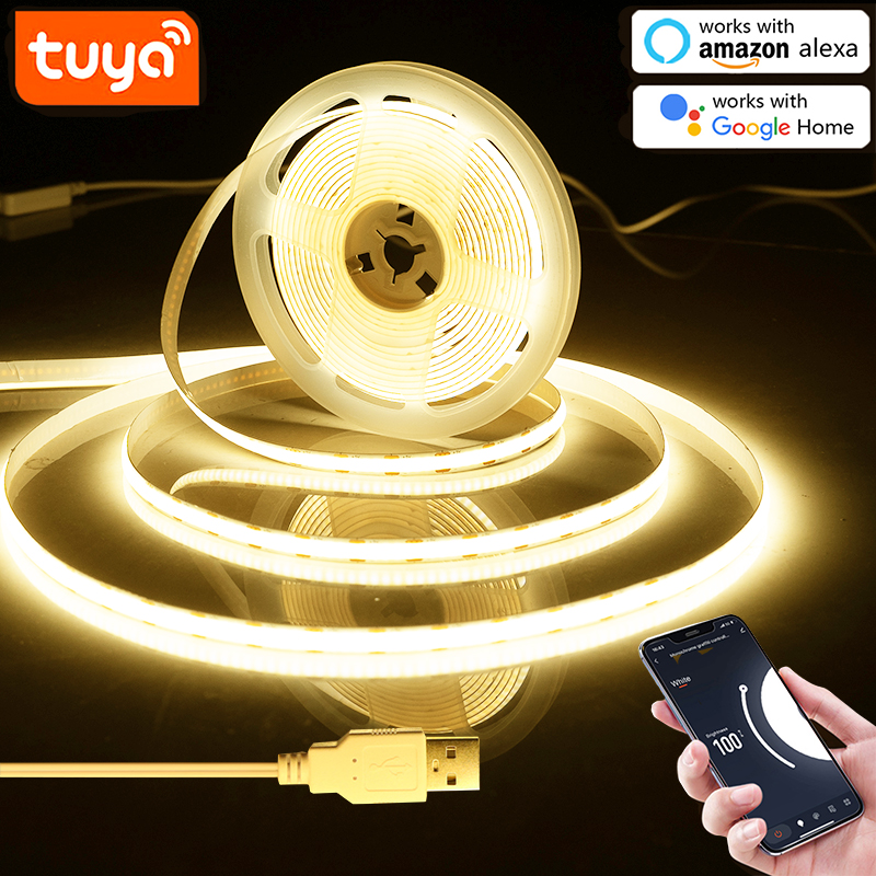 5V USB WiFi COB LED Strip Light，1M 2M 3M 5M Tuya WiFi APP COB LED Strip Light Work With Smart Life APP/Alexa/ Home