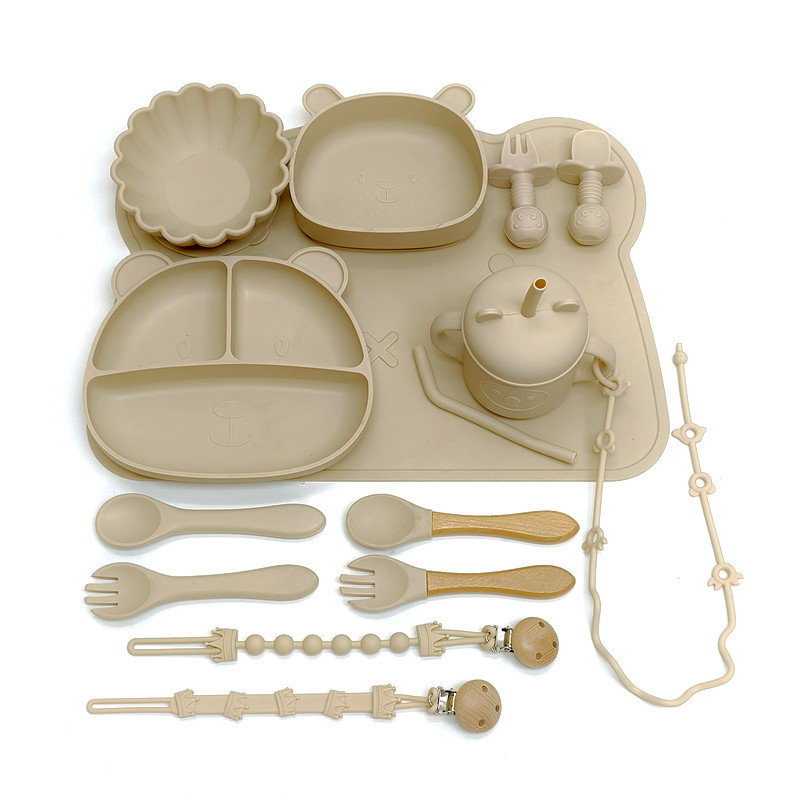 Children's Silicone Meal Plate Complementary Meal Plate Set Bear Cartoon Compartmentalized Complementary Plate with Suction Cups