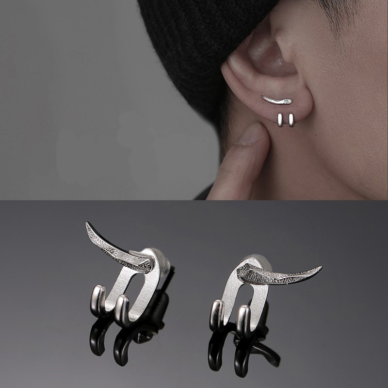 1Pair Silver Color Curved Hook Ear Stud Earrings for Women Men Punk Hip-hop Rock Simple Cool Chic Couple Fashion Jewelry