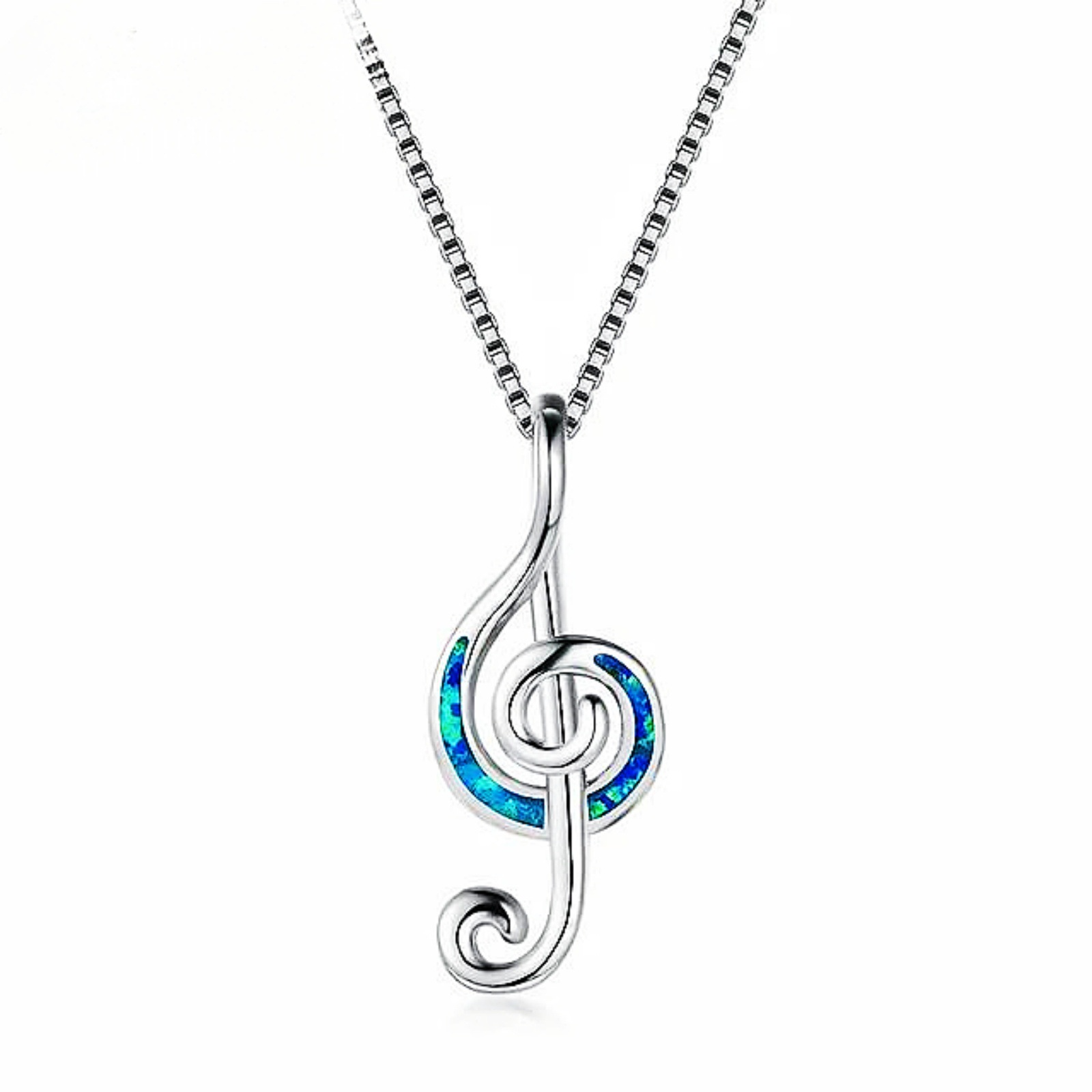 Trending Blue Opal Pendant Necklace for Women,White K Plated Treble Clef Musical Note Jewelry,October Birthstone Gift for Her