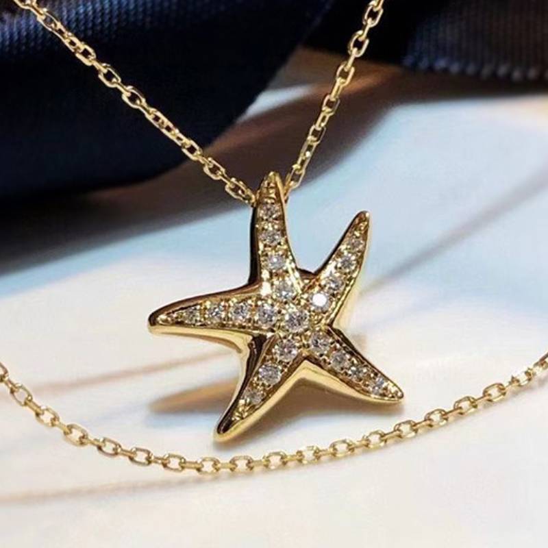 Huitan Cute Starfish Shape Women Pendant Necklace Full Shining CZ Fresh Style Wedding Party Gold Color Accessories Lady Jewelry