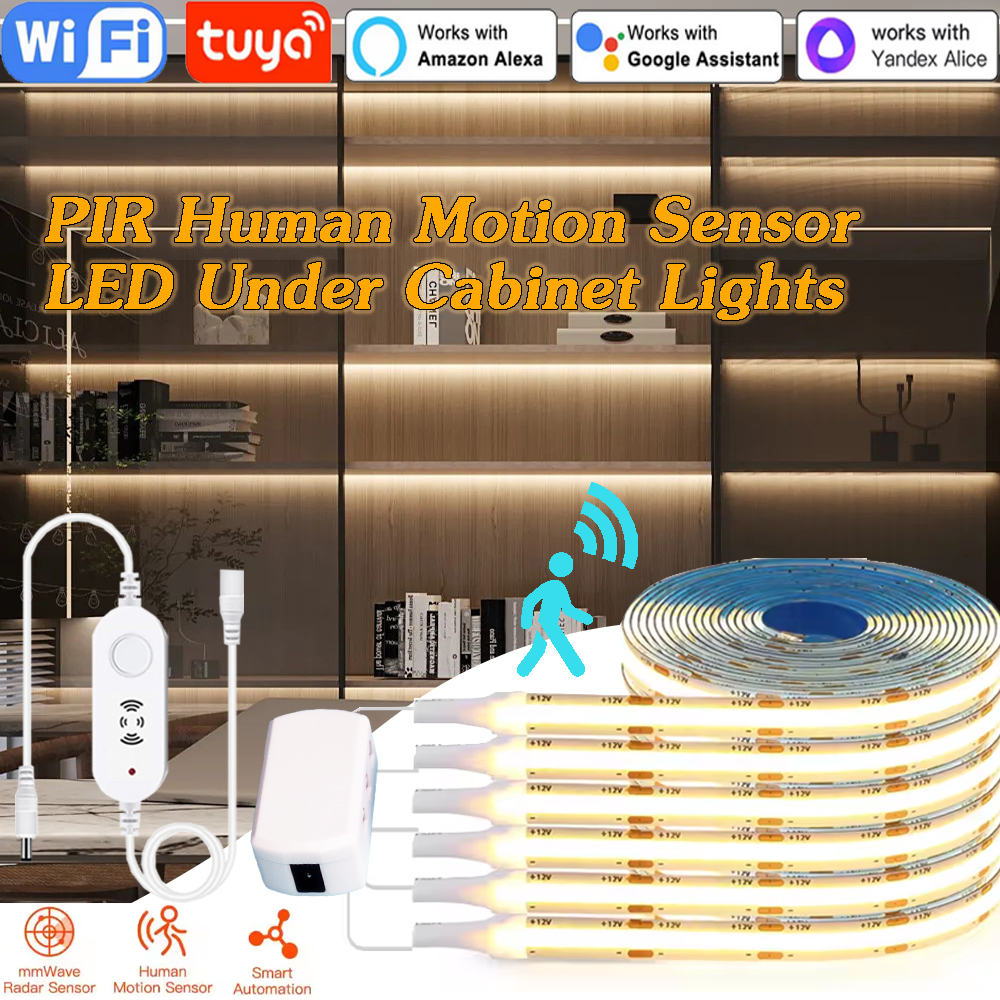 Tuya WiFi DC12V COB LED Strip Light Under Cabinet Lamp PIR Human Presence Motion Sensor Dimmer Kitchen Showcase Bedroom Decor