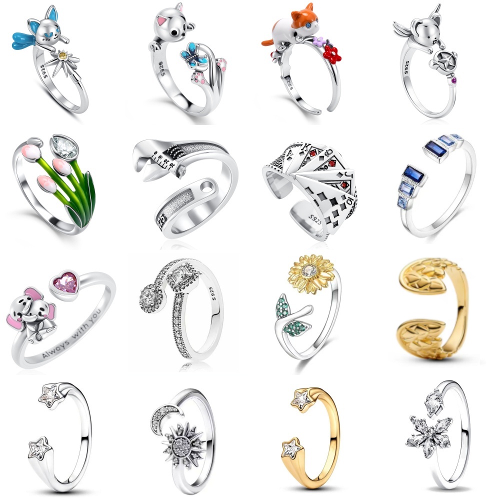 Fine 925Silver cute Cat Rings Shiny zircon Flower Star Moon adjustable ring Size 6.8 Women Fine Jewelry Fashion Accessories