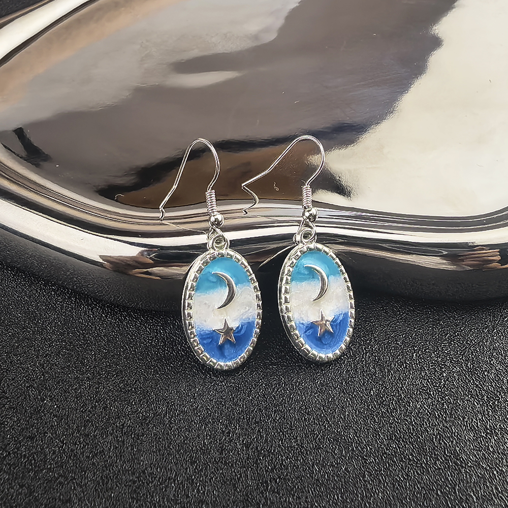 Creative Sweet Cute Blue Starry Sky Earring Painting Style Moon Stars Pendant Earrings for Women's Jewelry Holiday