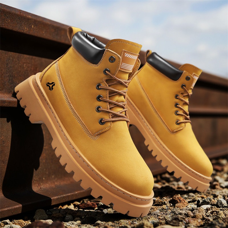 2025 New Men's Big Yellow Boots Durable Anti - Skid Sole High - Top Chunky Sole Winter Fleece Lined British Work Boots Motorcycl