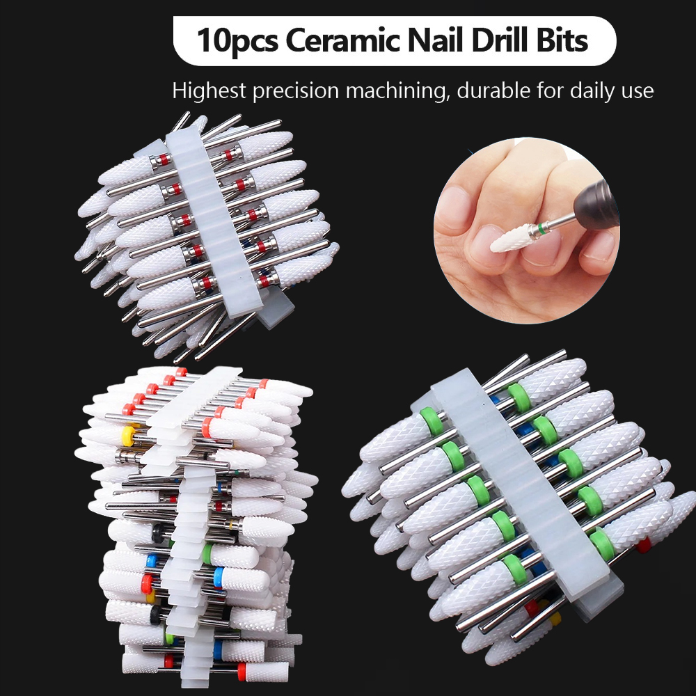 10 Pcs 3/32 Ceramic Nail Drill Bits, Professional & Durable, For Removing Gel Nails, Cleaning Cuticles, Ideal for Manicures