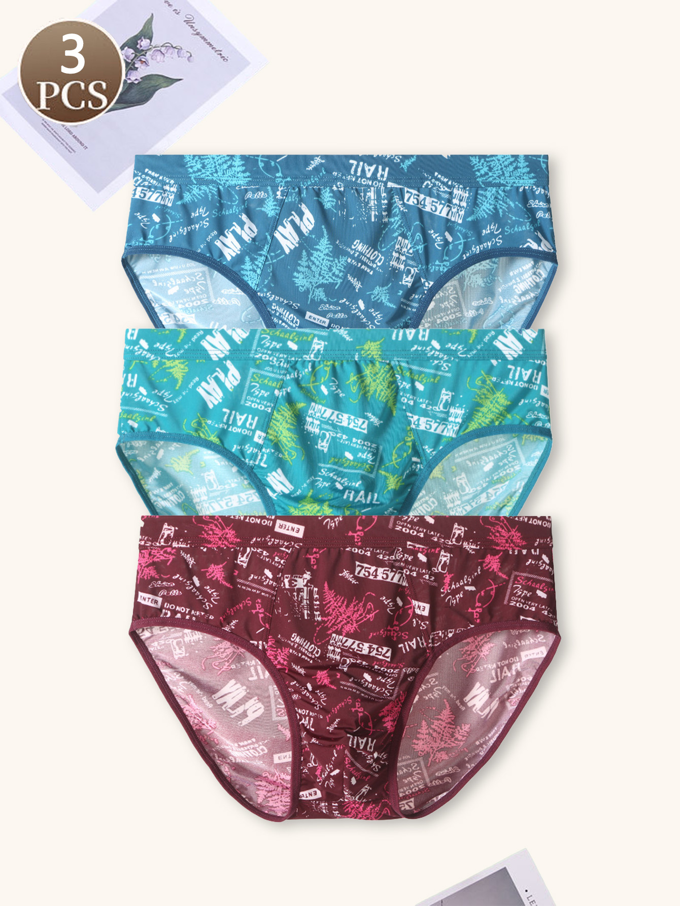 3PCS Solid color letter mid waist men's underwear With no trace breathable men's fashion simple and comfortable panties