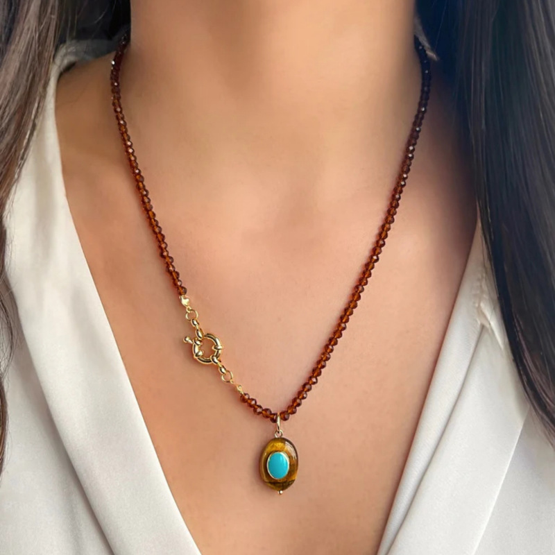 2026 New Handmade Weave Colored Beads Clavicle Chain Necklace Stainless Steel Transparent Natural Stone Pendant Summer Jewelry