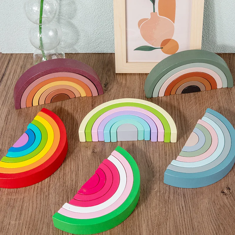 Arched Wooden Rainbow Building Blocks Kids Montessori Games Color Learning Teaching Aids Baby Educational Toys for Children