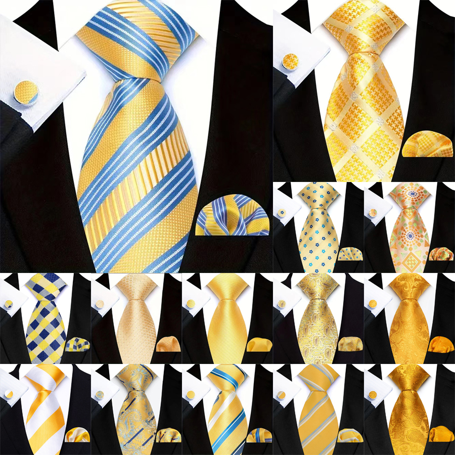 3pcs Mens Yellow Gold Floral Stripes Cravat Ascot Pocket Square Cufflinks Set Wedding Formal Casual Office