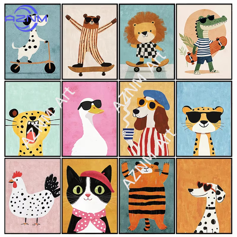 1PC ，Funny Animals Lion Cheetah Dog Bear Skateboard Posters Prints Wall Art Canvas Nursery Pictures for Kids Girls Boys Room