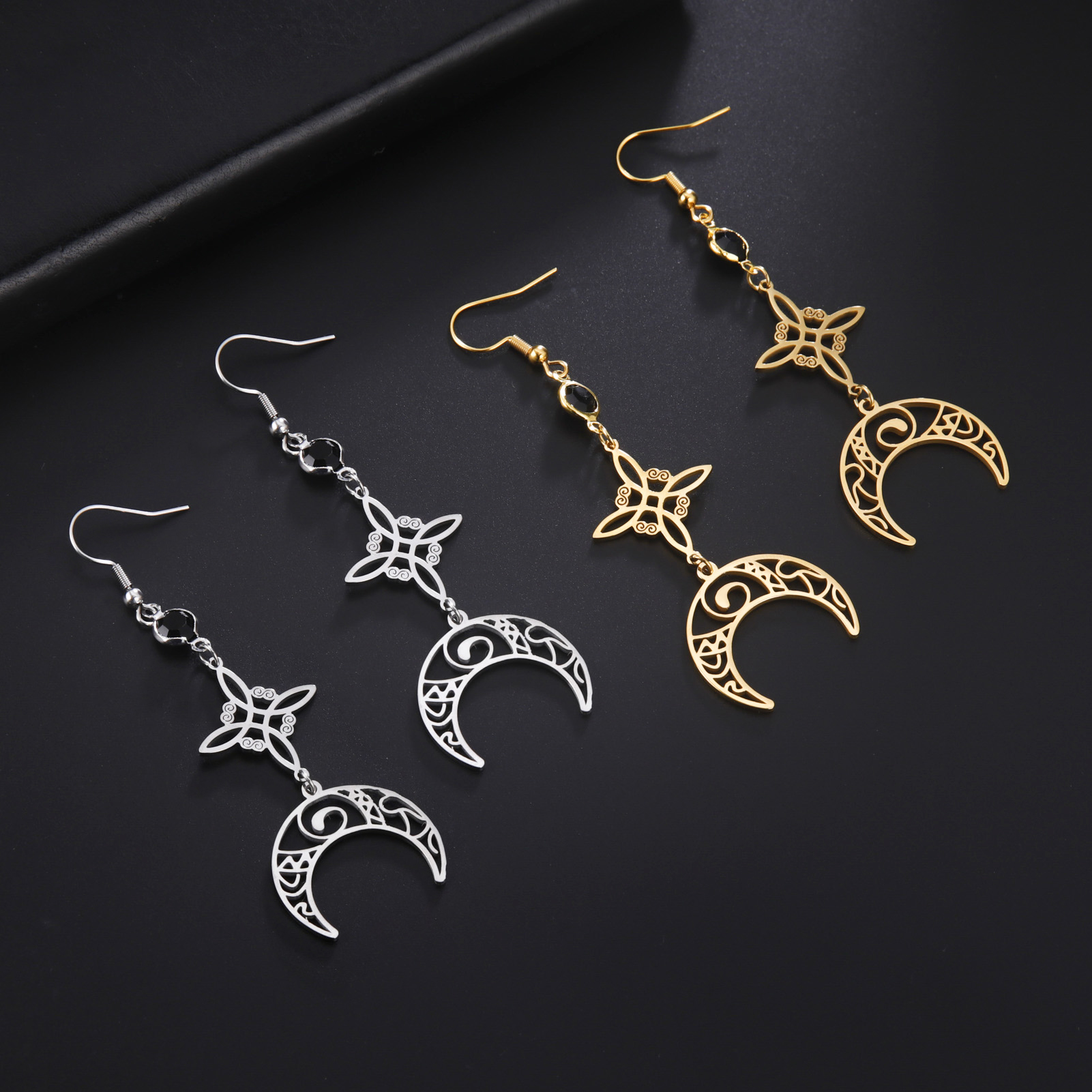 Witch Knot Moon Earrings Stainless Steel Black Birthstone Drop Earrings for Women Celtics Knot Lucky Amulet Wiccan Jewelry