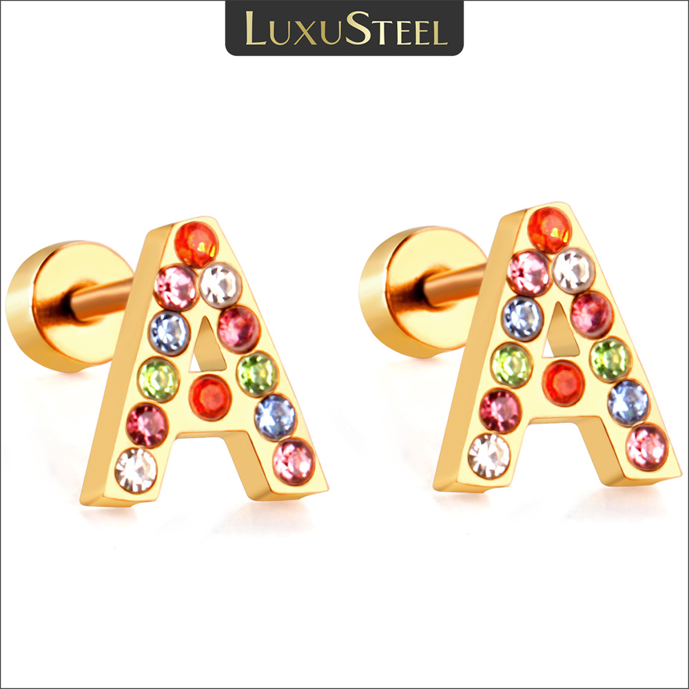 LUXUSTEEL Stainless Steel Initials Letters A-Z Stud Earrings For Women Girls Gold Color Cubic Zirconia Small Mini Earrings