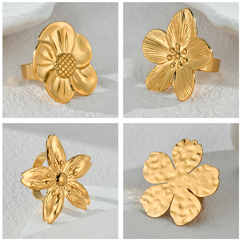 2024New Trendy 18K Gold-plated Flowers Ring For Women Stylish Vintage Stainless Steel Waterproof Jewelry Temperament Party Gifts